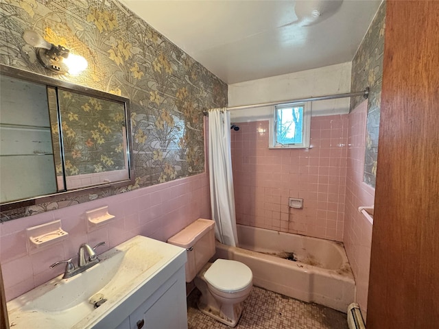full bath with a wainscoted wall, tile walls, wallpapered walls, tile patterned flooring, and shower / bathtub combination with curtain