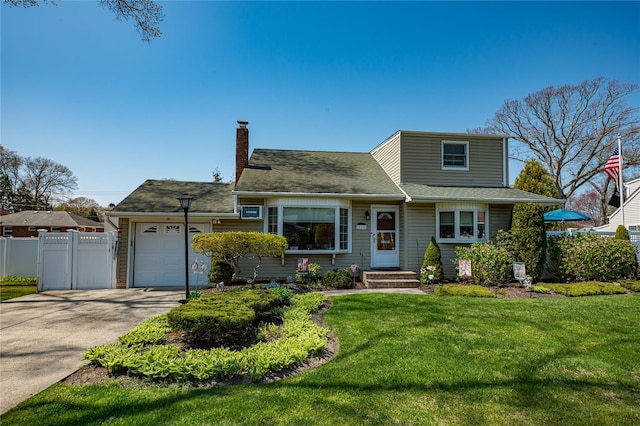 traditional-style home with a chimney, fence, a garage, concrete driveway, and a front lawn