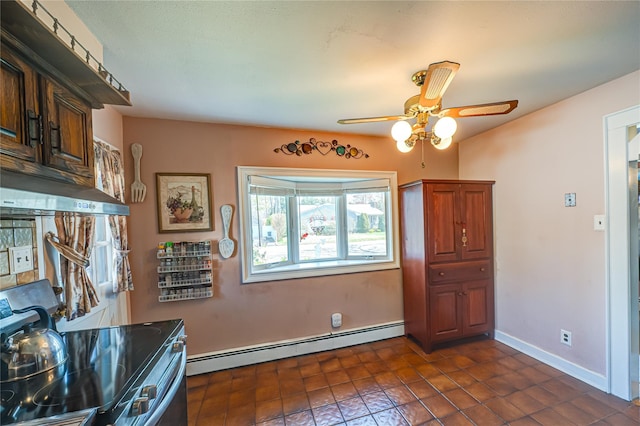dining space featuring baseboards, a baseboard radiator, ceiling fan, and dark tile patterned floors
