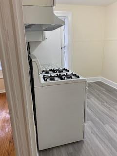 30 Treno St, New Rochelle, NY 10801 - interior space with under cabinet range hood, light wood finished floors, baseboards, and white gas range
