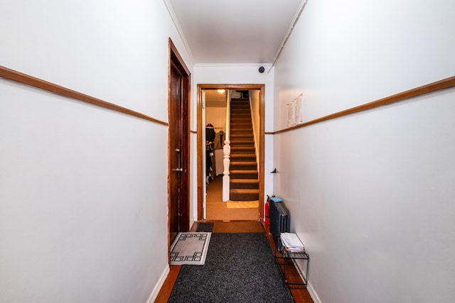101-14 95th St, Ozone Park, NY 11416 - hallway with crown molding, stairs, baseboards, and radiator