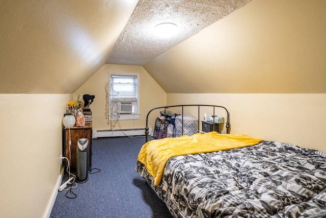 101-14 95th St, Ozone Park, NY 11416 - carpeted bedroom with a baseboard radiator, vaulted ceiling, a textured ceiling, baseboards, and cooling unit