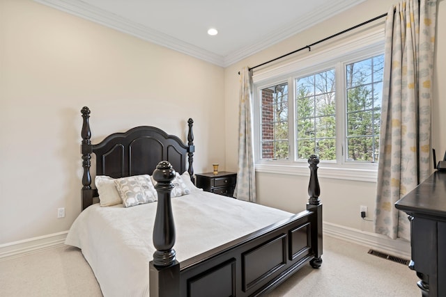 bedroom featuring baseboards, recessed lighting, crown molding, visible vents, and light colored carpet