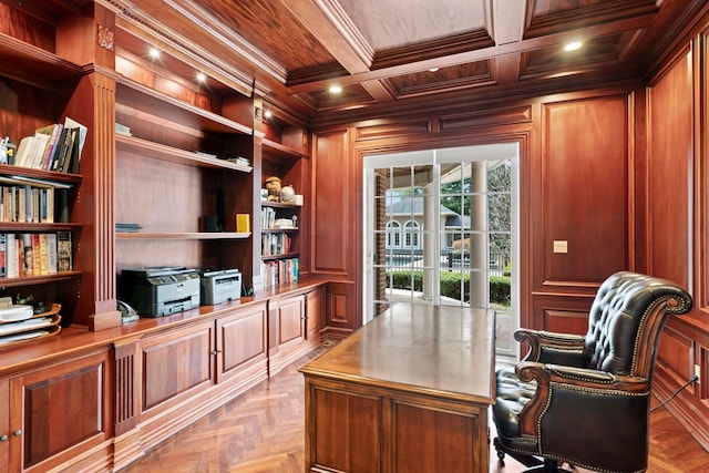 office area with built in features, wooden ceiling, ornamental molding, wooden walls, and beam ceiling