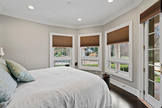 bedroom featuring dark wood-style flooring, access to exterior, recessed lighting, and crown molding