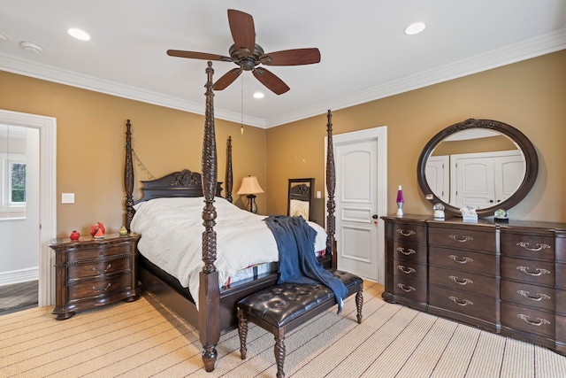 bedroom featuring crown molding, ceiling fan, recessed lighting, and light wood-style floors