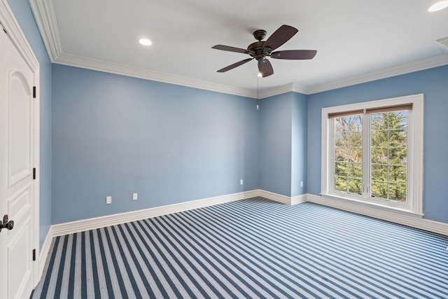 empty room featuring baseboards, ceiling fan, carpet, crown molding, and recessed lighting