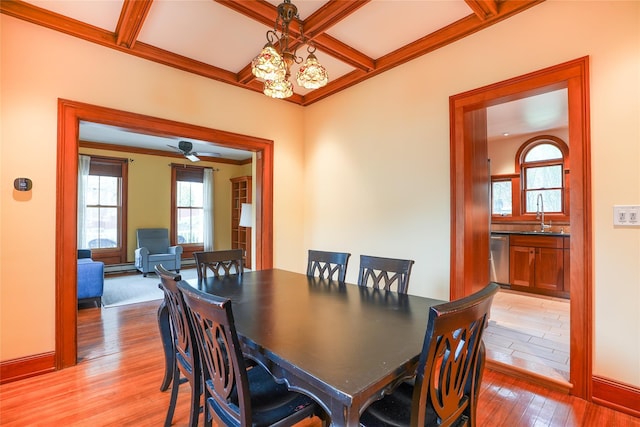 dining area with plenty of natural light, beamed ceiling, coffered ceiling, and light wood-type flooring