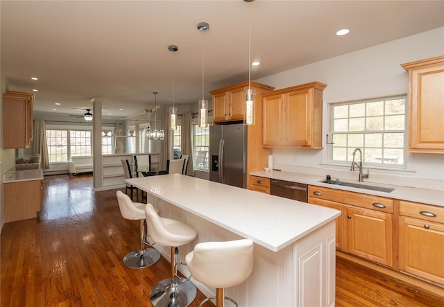 kitchen with open floor plan, a kitchen island, dark wood finished floors, stainless steel appliances, and a sink