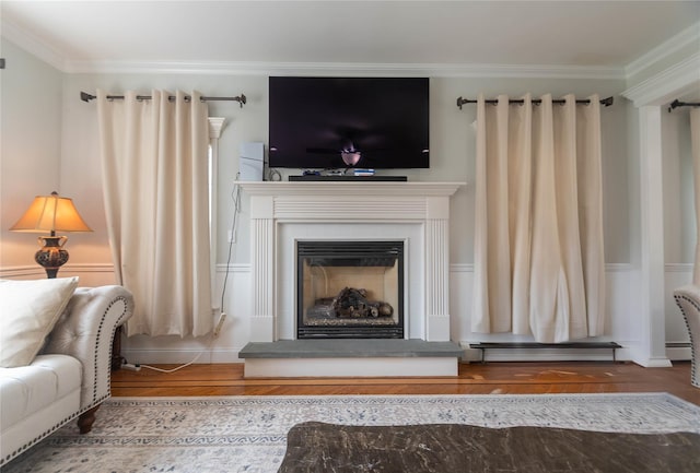 living area with baseboard heating, wood finished floors, ornamental molding, and a fireplace with raised hearth