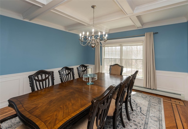 dining area featuring a notable chandelier, beam ceiling, coffered ceiling, a baseboard radiator, and wood finished floors