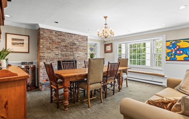 80 E Broadway, Roslyn, NY 11576 - dining room with a baseboard radiator, a chandelier, crown molding, a wainscoted wall, and recessed lighting