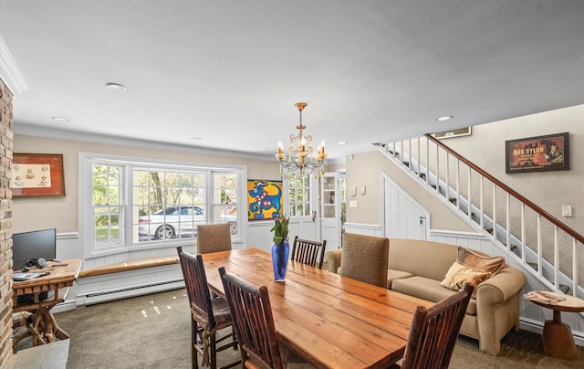 80 E Broadway, Roslyn, NY 11576 - dining space featuring a chandelier, stairs, carpet floors, baseboard heating, and crown molding