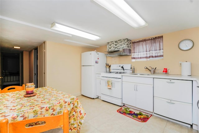 kitchen featuring white appliances, light countertops, white cabinetry, under cabinet range hood, and a sink