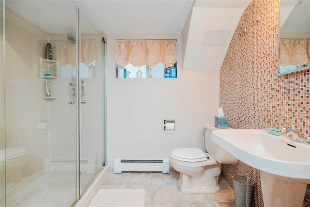 bathroom featuring toilet, a baseboard heating unit, and a shower stall