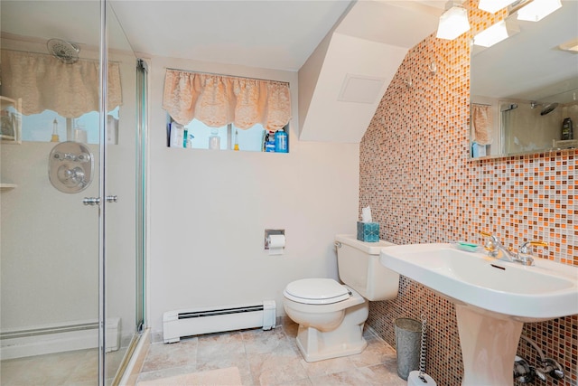 full bathroom with a shower stall, baseboard heating, toilet, and decorative backsplash