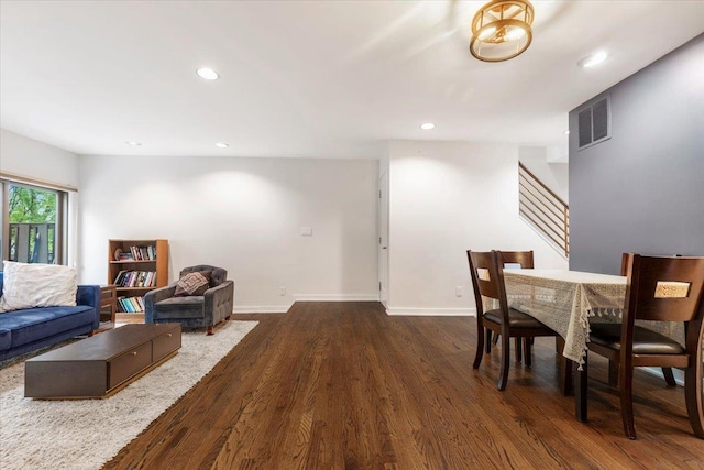19 James Ct Unit 19, Port Chester, NY 10573 - dining area featuring dark wood-style flooring, recessed lighting, baseboards, and stairs