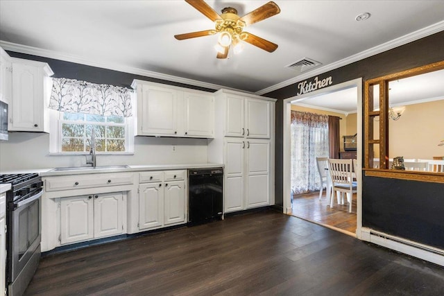 kitchen with a baseboard radiator, stainless steel gas range oven, visible vents, a sink, and black dishwasher