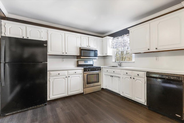 kitchen with ornamental molding, a sink, white cabinetry, and black appliances
