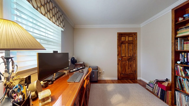 office featuring baseboards, ornamental molding, and wood finished floors