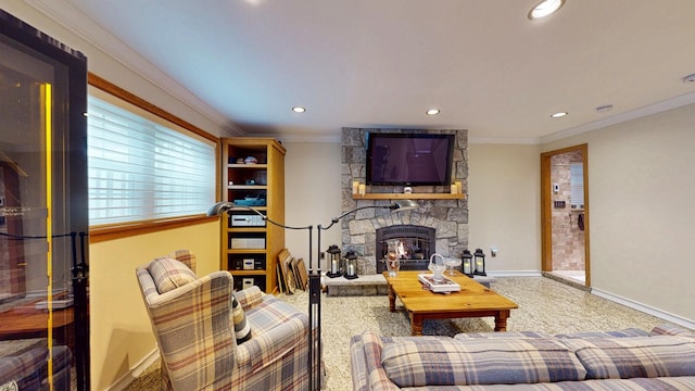 living room featuring a fireplace, ornamental molding, baseboards, and recessed lighting