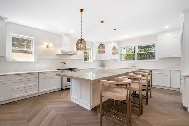 56 Drake Rd, Scarsdale, NY 10583 - kitchen featuring high end range, custom range hood, recessed lighting, a sink, and dishwashing machine