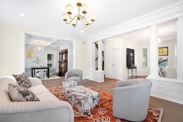 56 Drake Rd, Scarsdale, NY 10583 - living area with a chandelier, decorative columns, ornamental molding, baseboards, and recessed lighting