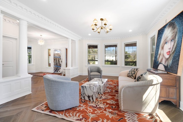 56 Drake Rd, Scarsdale, NY 10583 - living area featuring ornate columns, a chandelier, healthy amount of natural light, ornamental molding, and recessed lighting