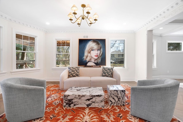 56 Drake Rd, Scarsdale, NY 10583 - living room featuring a chandelier, wood finished floors, baseboards, crown molding, and recessed lighting