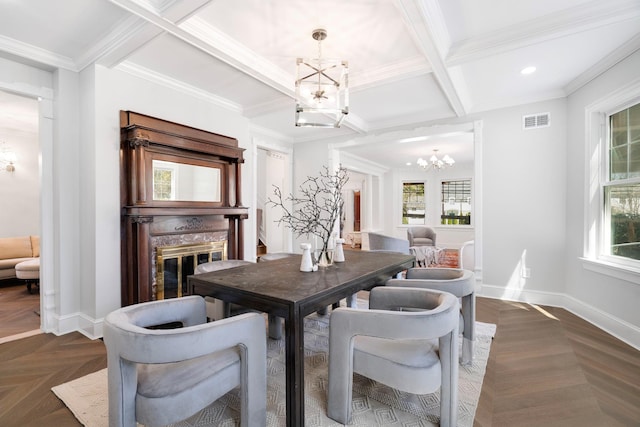 56 Drake Rd, Scarsdale, NY 10583 - dining room featuring a chandelier, a fireplace, baseboards, coffered ceiling, and recessed lighting
