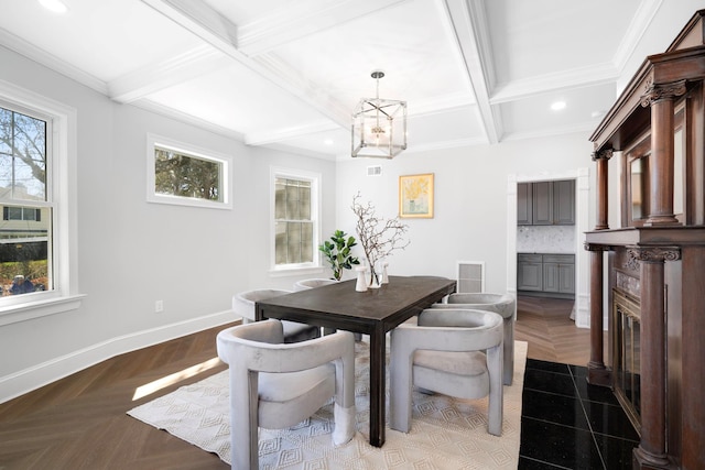 56 Drake Rd, Scarsdale, NY 10583 - dining space with healthy amount of natural light, a chandelier, baseboards, recessed lighting, and beamed ceiling