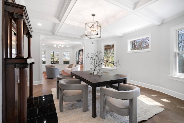 56 Drake Rd, Scarsdale, NY 10583 - dining space featuring a chandelier, baseboards, coffered ceiling, beam ceiling, and crown molding