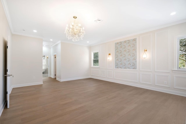 56 Drake Rd, Scarsdale, NY 10583 - unfurnished room with a chandelier, light wood-style floors, ornamental molding, baseboards, and recessed lighting