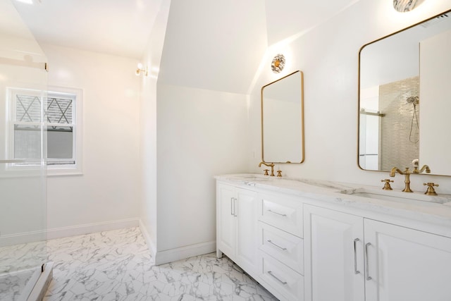 56 Drake Rd, Scarsdale, NY 10583 - bathroom featuring marble look tile flooring, a shower, double vanity, and baseboards