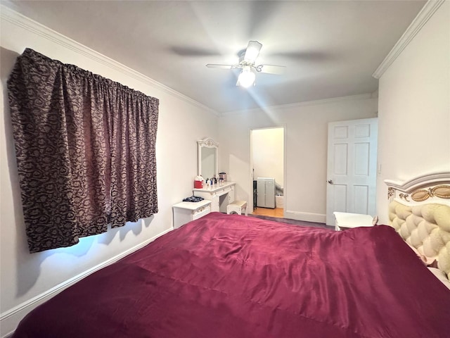 bedroom with crown molding and ceiling fan