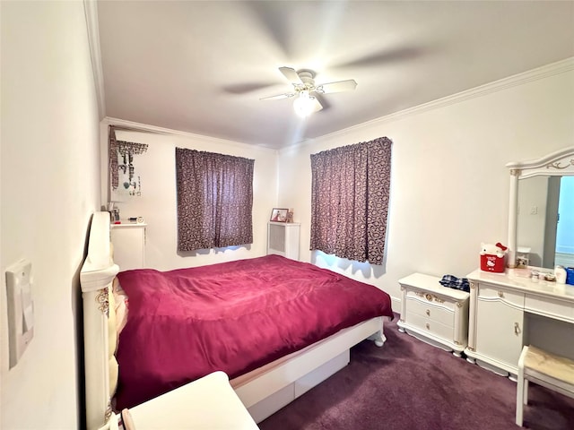 bedroom featuring a ceiling fan, carpet flooring, and crown molding