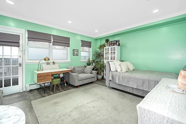bedroom with wood finished floors, recessed lighting, and ornamental molding