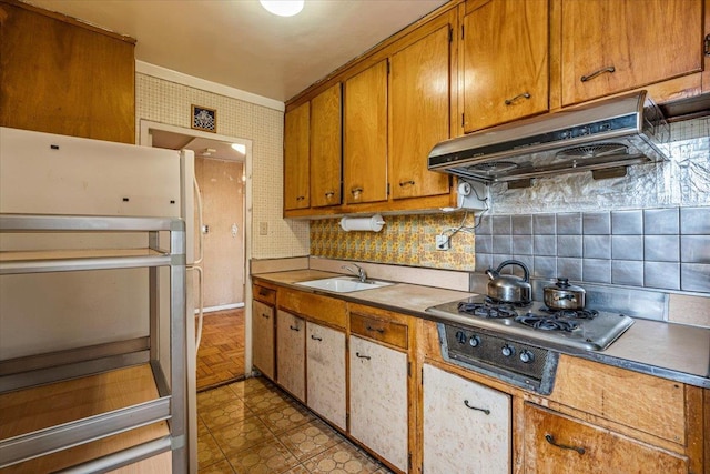 90-59 56th Ave Unit 2J, Elmhurst, NY 11373 - kitchen featuring a sink, backsplash, under cabinet range hood, and fridge