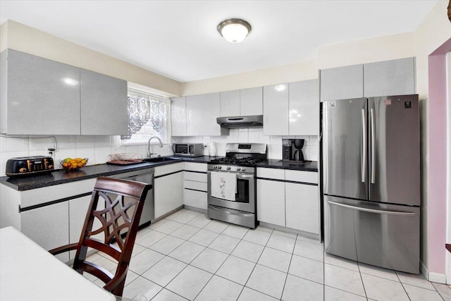 2559 Seymour Ave, Bronx, NY 10469 - kitchen with under cabinet range hood, dark countertops, appliances with stainless steel finishes, and a sink