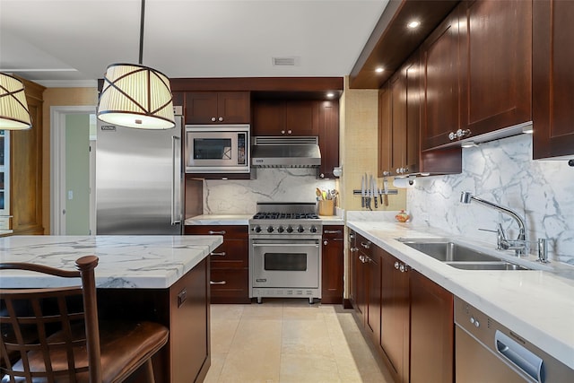 kitchen with built in appliances, under cabinet range hood, light stone counters, a sink, and backsplash