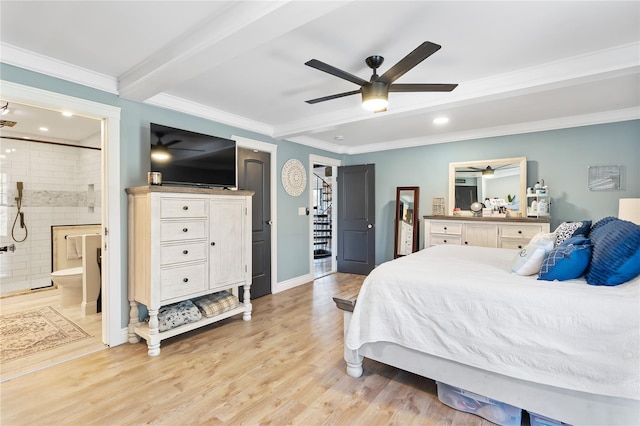 bedroom featuring crown molding, light wood finished floors, baseboards, beam ceiling, and recessed lighting