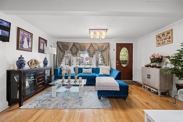 living room featuring a chandelier, ornamental molding, and wood finished floors
