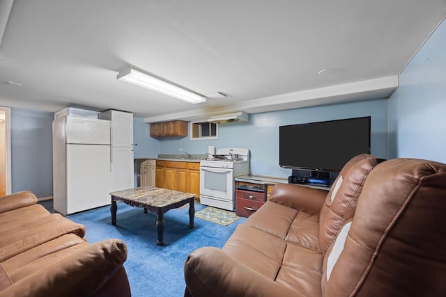 living area featuring dark colored carpet