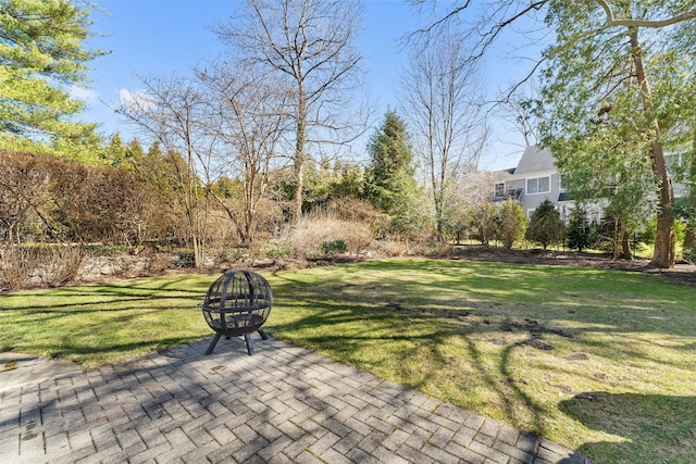 view of yard with a patio and a fire pit