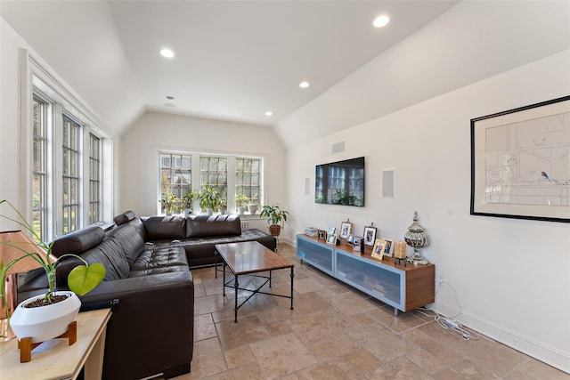 living room with visible vents, recessed lighting, vaulted ceiling, stone tile floors, and baseboards