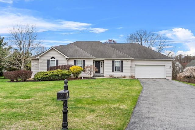 7 Center Cir, Florida, NY 10921 - ranch-style home with an attached garage, driveway, a shingled roof, and a front lawn