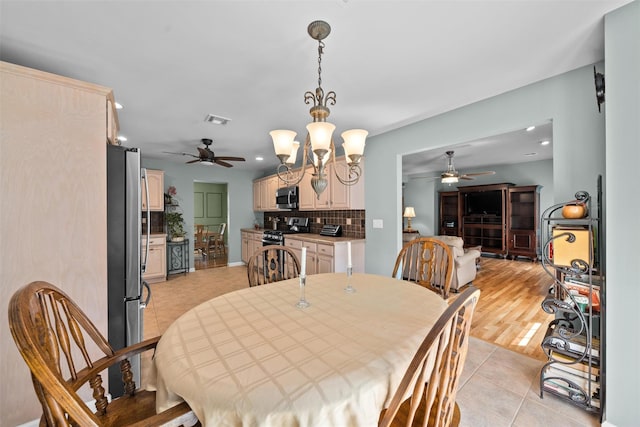 7 Center Cir, Florida, NY 10921 - dining area featuring ceiling fan with notable chandelier, visible vents, recessed lighting, and light tile patterned flooring
