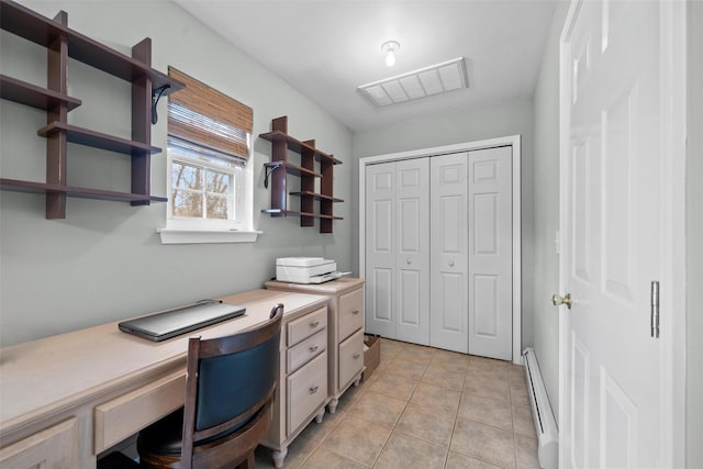 7 Center Cir, Florida, NY 10921 - office space featuring a baseboard heating unit, built in desk, visible vents, and light tile patterned floors