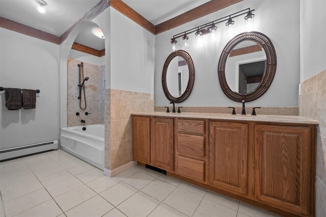 7 Center Cir, Florida, NY 10921 - full bathroom with a baseboard radiator, shower / bathing tub combination, tile patterned flooring, and tile walls