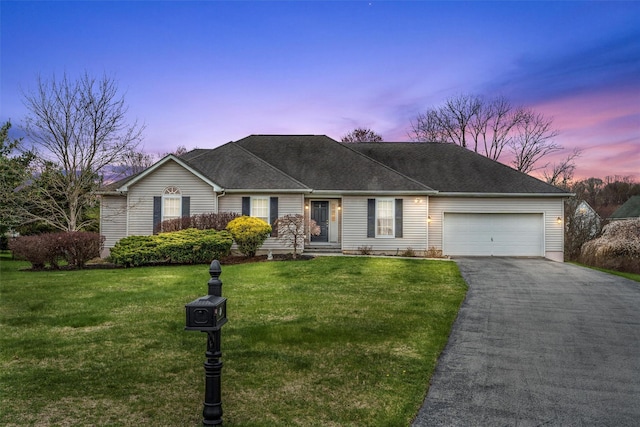 7 Center Cir, Florida, NY 10921 - ranch-style home featuring a shingled roof, a front lawn, driveway, and a garage